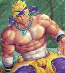  1boy abs absurdres animal_ears another_eidos-r bandaged_arm bandages bara bare_pectorals blonde_hair blue_headband body_hair chest_hair covered_abs facial_hair green_eyes headband highres jewelry ko_shushu large_pectorals long_sideburns looking_at_viewer magatama magatama_necklace male_focus midriff_sarashi muscular muscular_male necklace nipples pectorals pugi_(another_eidos) sarashi short_hair sideburns solo tiger_boy tiger_ears veins veiny_arms 