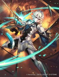  2boys barefoot closed_mouth company_name corrin_(fire_emblem) corrin_(male)_(fire_emblem) fire_emblem fire_emblem_cipher fire_emblem_fates full_body holding holding_sword holding_weapon kinoshita_kotetsu looking_at_viewer male_focus multiple_boys official_art red_eyes sword weapon white_hair yato_(fire_emblem) 