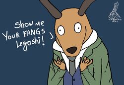  2020 adventure_time anthro antlers beastars blue_background cartoon_network clothed clothing coat deer dialogue horn humor looking_at_viewer louis_(beastars) male mammal necktie simple_background solo stag_(adventure_time) talking_to_viewer topwear vest watermark yauhasart 