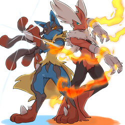  1:1 3_fingers 3_toes ambiguous_gender anthro black_body blue_body blue_fur cotton_(artist) duo feet fingers fire fur generation_6_pokemon mega_blaziken mega_evolution mega_lucario nintendo pokemon pokemon_(species) pose red_body red_eyes simple_background spikes spikes_(anatomy) talons toes white_background white_body yellow_body yellow_fur 