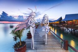  2girls absurdres animal_ears bare_legs barefoot bikini braid breasts cleavage cloud commentary_request criss-cross_halter crossed_legs deck_chair dock dress eating floating_hair flower flower_necklace food fruit full_body grey_hair hair_flaps halterneck highres holding holding_instrument honkai_(series) honkai_impact_3rd horizon instrument jewelry kallen_kaslana lei long_hair long_legs looking_at_viewer melon messy_hair motion_blur multi-strapped_bikini multiple_girls necklace ocean outdoors pale_skin photo_background pink_hair plant potted_plant purple_eyes rafaelaaa single_braid sky sleeveless sleeveless_dress smile standing stilt_house sundress sunset swimsuit ukulele vanishing_point very_long_hair walking water watson_cross white_dress white_flower wind wind_lift yae_sakura 