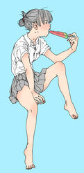  bare_arms bare_legs barefoot blue_background collared_shirt commentary_request feet female food from_side full_body grey_hair grey_skirt hair_bun hand_up highres holding holding_food knee_up legs open_mouth original pleated_skirt popsicle profile school_uniform shiki_haru shirt shirt_tucked_in short_sleeves simple_background single_hair_bun sitting skirt solo sweat teeth toes upper_teeth_only watermelon_bar white_shirt 