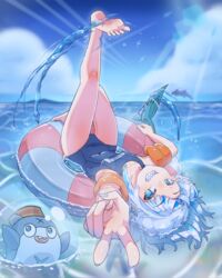  black_one-piece_swimsuit bloop_(gawr_gura) blue_eyes blue_hair blunt_bangs feet female fins fish_tail gawr_gura grey_hair highres hololive hololive_english inflatable_armbands innertube long_hair looking_at_viewer medium_hair moral_cacoethes multicolored_hair one-piece_swimsuit school_swimsuit shark_girl shark_tail sharp_teeth streaked_hair swim_ring swimsuit tail teeth v virtual_youtuber 