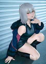  ahoge belt_boots black_dress black_footwear black_panties blue_coat blue_jacket boots breasts coat dress fate/grand_order fate_(series) female full-length_zipper fur-trimmed_coat fur-trimmed_jacket fur-trimmed_sleeves fur_trim grey_hair highres jacket jeanne_d&#039;arc_alter_(fate) jeanne_d&#039;arc_alter_(ver._shinjuku_1999)_(fate) knee_boots large_breasts lips lipstick makeup medium_hair nail_polish off_shoulder official_alternate_costume on_one_knee open_clothes open_coat open_jacket panties pantyshot photoshop_(medium) short_dress silver_nails solo underwear yellow_eyes zipper zipper_dress zipper_footwear zipper_pull_tab zonda_(solid_air) 