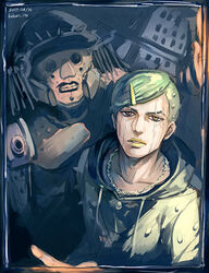  2boys bad_id bad_pixiv_id dyresbroom facial_mark green_hair hair_ornament hairclip higashikata_jobin hood hoodie jojo_no_kimyou_na_bouken jojolion male_focus multiple_boys speed_king spikes stand_(jojo) yellow_lips 