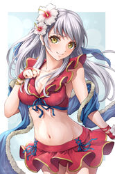  bare_shoulders bikini bikini_skirt blue_scarf breasts cleavage collarbone female fingerless_gloves fire_emblem fire_emblem:_radiant_dawn fire_emblem_heroes flower front-tie_top gloves grey_hair groin hair_flower hair_ornament half_updo long_hair medium_breasts micaiah_(fire_emblem) micaiah_(summer)_(fire_emblem) microskirt navel official_alternate_costume red_bikini red_gloves scarf simple_background skirt smile solo swimsuit ten_(tenchan_man) towel yellow_eyes 