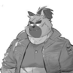  1:1 2020 anthro canid canine canis clothing cute_fangs domestic_dog hi_res jjemmin lifewonders male mammal monochrome overweight overweight_anthro overweight_male scar shirt simple_background solo tokyo_afterschool_summoners topwear white_background yasuyori_(tas) 