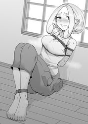  arms_behind_back bad_id bad_twitter_id barefoot belt blush bondage bondage bondage bound breasts capri_pants closed_mouth commentary_request feet female full_body greyscale highres indoors legs_together makino_harumaki medium_hair monochrome nervous_smile pants pokemon pokemon_xy raised_eyebrows rope shirt sidelocks sitting sleeveless sleeveless_shirt smile solo steam sweat toes viola_(pokemon) window wooden_floor 