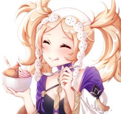  blonde_hair blush bowl cherry choker closed_eyes cosplay dress female fire_emblem fire_emblem:_three_houses fire_emblem_awakening food fruit hair_ornament ice_cream juliet_sleeves keipup lissa_(fire_emblem) long_sleeves low_twintails lysithea_von_ordelia lysithea_von_ordelia_(cosplay) parted_bangs puffy_sleeves purple_dress solo spoon tassel tongue tongue_out twintails white_background 