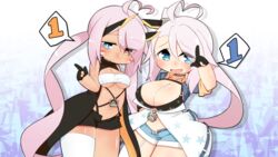  2girls ahoge azur_lane bad_id bad_pixiv_id bandeau bikini bikini_top_only black_bikini black_gloves blue_eyes blue_shirt blue_shorts blush breasts cleavage closed_mouth commentary_request cowboy_shot dark-skinned_female dark_skin eyes_visible_through_hair facepaint gloves hair_between_eyes heart heart-shaped_pupils heart_ahoge heterochromia horns indianapolis_(azur_lane) large_breasts long_hair looking_at_viewer mechanical_horns medium_breasts midriff multiple_girls navel odabuts oerba_yun_fang open_clothes open_mouth open_shirt partially_fingerless_gloves pink_hair portland_(azur_lane) portland_(retrofit)_(azur_lane) print_bikini shirt shorts siblings side_ponytail single_thighhigh sisters skin_fang smile star_(symbol) star_print swimsuit symbol-shaped_pupils tan thighhighs twintails underboob very_long_hair white_bandeau white_thighhighs yellow_eyes 