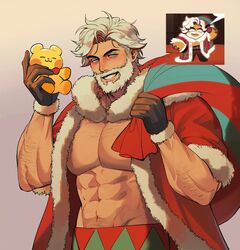  1boy abs absurdres bara beard chengzhineixihuanxiaogou christmas cookie_run eggnog_cookie facial_hair highres humanization looking_at_viewer male_focus mature_male muscular muscular_male pectoral_cleavage pectorals reference_inset smile stuffed_toy white_hair 