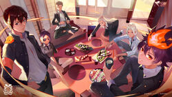  absurdres bird black_hair breasts brown_eyes brown_hair chrome_dokuro closed_mouth eyepatch female food formal gokudera_hayato hibari_kyouya hibird highres jie_xiaoming katekyo_hitman_reborn! looking_at_viewer multiple_boys open_mouth photoshop_(medium) purple_eyes purple_hair sasagawa_ryohei sawada_tsunayoshi shirt short_hair smile suit yamamoto_takeshi 