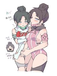  &gt;_&lt; 2girls adapted_costume animification apex_legends backless_leotard black_hair black_scarf blue_eyes blush dual_persona elbow_gloves fingerless_gloves gloves hair_bun highres leotard looking_at_viewer multiple_girls no_pupils nojima_minami pink_leotard protected_link quarantine_722_wraith scarf simple_background single_hair_bun thigh_strap translation_request void_specialist_wraith white_gloves white_leotard wraith_(apex_legends) 