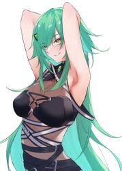  absurdres armpits arms_up bare_arms bare_shoulders belt belt_buckle black_belt breasts brown_eyes buckle cleavage commentary_request eyes_visible_through_hair female green_hair grin hair_ornament hair_over_one_eye hairclip highres kitakoji_hisui kitakoji_hisui_(2nd_costume) long_hair looking_at_viewer medium_breasts multiple_belts nijisanji sharp_teeth simple_background smile solo teeth upper_body very_long_hair virtual_youtuber white_background yuki_maccha_(yukimattya10) 