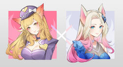  ahri_(league_of_legends) black_headwear blonde_hair blue_eyes bow breasts chibi_vanille cleavage closed_mouth facial_mark female fox_tail hat hat_bow heart k/da_(league_of_legends) k/da_ahri large_breasts league_of_legends long_hair long_sleeves looking_at_viewer multiple_views orange_eyes pink_background pink_hair popstar_ahri portrait smile tail whisker_markings white_bow 