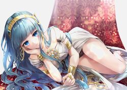  black_panties blue_eyes bracelet cheek_rest cleopatra_(fate) cleopatra_(third_ascension)_(fate) commentary_request dress earrings fate/grand_order fate_(series) female green_hair hairband hane_yuki highres jewelry long_hair lying on_side panties pendant ring smile solo underwear white_dress 