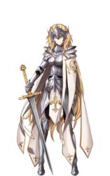  armor armored_boots blonde_hair boots breasts cape closed_mouth fate/empire_of_dirt fate_(series) faulds female full_body game_cg gauntlets headpiece highres holding holding_sword holding_weapon ikemeru19 jeanne_d&#039;arc_(fate) jeanne_d&#039;arc_(fate/apocrypha) long_hair looking_at_viewer medium_breasts pink_eyes shoulder_armor solo standing sword transparent_background very_long_hair weapon white_cape 