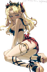  absurdres alternate_costume anklet bikini black_bikini blonde_hair breasts commentary_request earrings ereshkigal_(fate) fate/grand_order fate_(series) female hair_ribbon highres jewelry long_hair medium_breasts mochi_upamo parted_bangs red_eyes red_nails red_ribbon red_sarong ribbon sandals sarong simple_background sitting solo sweat swimsuit toenails toes twitter_username two_side_up white_background yokozuwari 