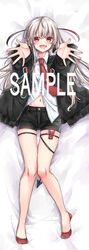  :d bed_sheet black_hair black_jacket black_shorts collared_shirt dakimakura_(medium) demon_tail dress_shirt female full_body grey_hair hair_between_eyes jacket knees_together_feet_apart legs long_hair long_sleeves looking_at_viewer mito_(go!go!king!) multicolored_hair navel necktie no-show_socks no_shoes original outstretched_arms puffy_long_sleeves puffy_sleeves red_eyes red_hair red_necktie sample_watermark shirt short_shorts shorts smile solo tail toes two-tone_hair very_long_hair watermark white_shirt 