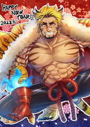  1boy abs absurdres animal_ears bara blonde_hair body_hair facial_hair highres kageru_(mofnyan) large_pectorals looking_at_viewer male_focus manboobs mature_male muscular muscular_male old old_man original pectorals tiger_stripes 