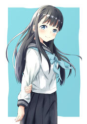  akebi-chan_no_serafuku akebi_komichi arms_behind_back black_hair black_sailor_collar black_skirt blue_background blue_eyes blue_neckerchief border female long_hair looking_at_viewer neckerchief pleated_skirt roubai_academy_school_uniform_(old) sailor_collar school_uniform serafuku skirt smile solo triangle_(zztg3775) two-tone_background white_border 