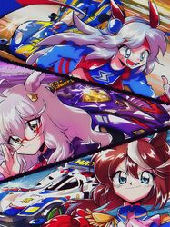  1980s_(style) 3girls adjusting_eyewear ahoge animal_ears bad_id bad_twitter_id bakusou_kyoudai_let&#039;s_&amp;_go!! biwa_hayahide_(umamusume) blue_eyes brown_hair dress glasses grey_hair hair_ornament headband highres horse_ears horse_girl jacket long_hair mini_4wd multiple_girls navel open_mouth retro_artstyle susuko_(usuusu_sitteru) tamamo_cross_(umamusume) tokai_teio_(umamusume) umamusume white_hair 