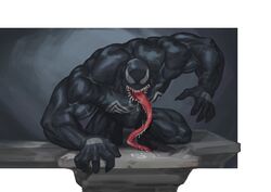  5_fingers abs absurd_res biceps black_body fingers hi_res humanoid humanoid_hands male marvel muscular muscular_humanoid muscular_male not_furry open_mouth pecs solo symbiote tongue tongue_out traver009 venom_(marvel) 