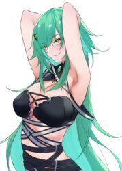  absurdres armpits arms_up bare_arms bare_shoulders belt belt_buckle black_belt breasts brown_eyes buckle cleavage commentary_request eyes_visible_through_hair female green_hair grin hair_ornament hair_over_one_eye hairclip highres kitakoji_hisui kitakoji_hisui_(2nd_costume) long_hair looking_at_viewer medium_breasts multiple_belts nijisanji sharp_teeth simple_background smile solo teeth upper_body very_long_hair virtual_youtuber white_background yuki_maccha_(yukimattya10) 