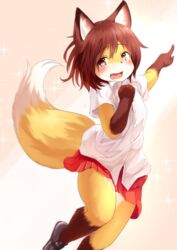  absurd_res anthro blush bottomwear canid canine clothed clothing cute_fangs dipstick_tail female footwear fox fully_clothed fur gesture gloves_(marking) hair hand_gesture hi_res kagarimachi_ame kemono leg_markings looking_at_viewer mammal markings miniskirt multicolored_body multicolored_fur multicolored_tail open_mouth pointing red_eyes red_hair shirt shoes skirt socks_(marking) solo standing tail tail_markings topwear white_body white_fur yellow_body yellow_fur 