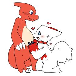  1:1 2021 ambiguous_gender anthro belly big_belly black_claws black_nose blue_eyes blush bodily_fluids charmeleon cheek_tuft claws collar countershade_torso countershading digital_media_(artwork) duo facial_tuft feet fire flaming_tail fur generation_1_pokemon generation_3_pokemon heart_symbol kemono kneeling mammal multicolored_body multicolored_fur nervous nintendo nude open_mouth pink_tongue pizademokttero pokemon pokemon_(species) red_body red_collar red_fur scalie semi-anthro simple_background smile sweat tail tail_tuft tan_belly toe_claws tongue tuft two_tone_body two_tone_fur wavy_mouth white_background white_body white_claws white_fur zangoose 