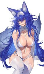  animal_ear_fluff animal_ears between_breasts between_legs bikini blue_eyes blue_hair breasts bridal_lingerie collarbone elbow_gloves female fluffy fox_ears fox_girl fox_tail gloves hair_between_eyes hand_between_legs highres large_breasts licking_lips lingerie long_hair looking_at_viewer messy_hair navel noy original see-through sharp_teeth sheer_gloves sitting swimsuit tail teeth tongue tongue_out underwear upper_body very_long_hair white_bikini white_gloves 