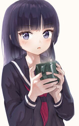  absurdres asakura_(asa_t77) black_hair black_serafuku blue_eyes blush cup female gokou_ruri highres hime_cut holding holding_cup looking_at_viewer mole mole_under_eye mug open_mouth ore_no_imouto_ga_konna_ni_kawaii_wake_ga_nai school_uniform serafuku solo steam white_background 