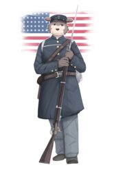  1800s absurd_res american_flag anthro beastars brown_body brown_fur canid canine canis civil_war clothing female footwear fur gun hat headgear headwear hi_res juno_(beastars) mammal melee_weapon military military_uniform mitchthegoat musket musketeer ranged_weapon shoes solo uniform union_suit united_states_of_america weapon wolf 