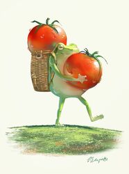  animal animal_focus backpack backpack_basket bag basket carrying food frog fruit full_body grass green_eyes grey_background hachiya_shohei highres holding holding_food no_humans original signature simple_background smile standing strap tomato walking wet 