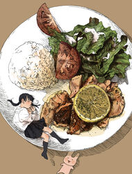  black_hair black_skirt black_socks brown_background commentary female food food_focus food_request from_above fruit highres kneehighs lemon lemon_slice lettuce long_hair long_sleeves lying on_side original oversized_food oversized_object pleated_skirt rice salad school_uniform shiki_haru shirt shirt_tucked_in simple_background skirt sleeping socks solo stuffed_animal stuffed_toy tomato tomato_slice twintails white_shirt 