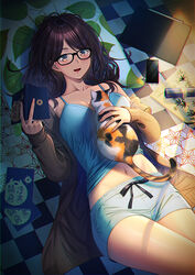  animal animal_on_chest black-framed_eyewear black_hair blue_shorts blush book bow_shorts breasts brown_eyes calico camisole cellphone checkered_floor cleavage coat feline female fingernails holding holding_book long_hair long_sleeves lying medium_breasts mole mole_under_mouth navel on_back on_floor open_clothes open_coat open_mouth original parted_bangs phone pillow shorts sleeves_past_wrists smartphone smile solo sunlight tablet_pc thighs unowen 