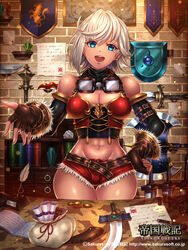  :d arm_belt axe bad_anatomy belt blue_eyes book bookshelf breasts brown_gloves cleavage coin copyright_name dagger earrings fantasy female fingerless_gloves gloves goggles goggles_around_neck hand_on_own_hip highres indoors jewelry knife medium_breasts mole mole_under_eye navel official_art open_book open_mouth paper photoshop_(medium) quill red_shorts rindou_(rdgraphica) sack scroll sheath short_hair short_shorts shorts smile standing sword teikoku_senki vienna_(teikoku_senki) watermark weapon web_address white_hair 