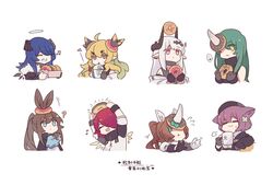  6+girls amiya_(arknights) angel animal_ears arknights bubble_(arknights) chibi commentary demon_girl demon_horns doughnut dragon_girl dragon_horns dur-nar_(arknights) elite_ii_(arknights) exusiai_(arknights) food fox_ears fox_girl halo happy highres horns hoshiguma_(arknights) kaleka leizi_(arknights) mostima_(arknights) mudrock_(arknights) multiple_girls oni rabbit_ears rabbit_girl rhinoceros_girl single_horn symbol-only_commentary 