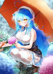  absurdres after_rain ahoge belt beret blue_flower blue_hair blue_ribbon blue_skirt blurry blurry_foreground blush boots breasts brown_belt brown_footwear cleavage cleavage_cutout closed_mouth clothing_cutout cloud cloudy_sky colored_tips colorful commentary corset crossed_bangs eshineko female flower frilled_skirt frills full_body fur-trimmed_footwear fur_trim grey_sky hair_between_eyes hair_flower hair_ornament hat heart heart_ahoge highres holding holding_flower holding_umbrella hololive hydrangea large_breasts light_blue_hair light_rays long_hair looking_at_viewer miniskirt multicolored_hair neck_ribbon outdoors pink_flower pointy_ears ribbon ripples shirt skirt sky sleeveless sleeveless_shirt smile snowflake_print solo sparkle squatting streaked_hair sunlight thighhighs two-tone_hair umbrella underbust very_long_hair virtual_youtuber white_hat white_shirt white_thighhighs yellow_eyes yukihana_lamy yukihana_lamy_(1st_costume) 