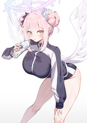  :o absurdres angel_wings bad_id bad_pixiv_id bare_legs black_buruma blue_archive blush bottle breasts buruma double_bun etoile feathered_wings feet_out_of_frame female hair_bun halo highres holding holding_bottle jacket large_breasts leaning_forward looking_at_viewer mika_(blue_archive) pink_hair pink_halo sidelocks simple_background solo sweatdrop track_jacket water_bottle white_background wings 