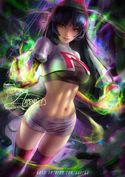  abs axsen bangs banned_artist black_hair boots breasts commentary cosplay cropped_jacket elbow_gloves eyelashes female gloves highres jacket jessie_(pokemon) jessie_(pokemon)_(cosplay) long_hair looking_at_viewer midriff miniskirt navel parted_lips patreon_username poke_ball poke_ball_(basic) pokemon pokemon_(anime) pokemon_(game) pokemon_frlg red_eyes sabrina_(pokemon) signature skirt smile solo team_rocket team_rocket_uniform thigh_boots thighhighs watermark web_address white_jacket 