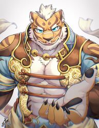  1boy abs animal_ears bara blue_eyes claws furry furry_male highres large_pectorals lin_hu_(nekojishi) looking_at_viewer male_focus muscular muscular_male nekojishi orange_fur pectorals ponzu_tas solo tiger_boy tiger_ears tiger_stripes 