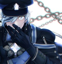  1boy bishounen black_gloves black_hair black_headwear blade_(nu_carnival) chains gem gloves grey_eyes hair_over_eyes hat highres long_sleeves looking_at_viewer male_focus military_hat military_uniform multicolored_hair nu_carnival open_mouth otinton014 peaked_cap sharp_teeth short_hair smile streaked_hair teeth uniform white_hair 