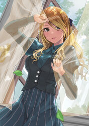  black_eyes blonde_hair blouse blush bow bowtie breasts brown_hair collared_shirt curtain_grab curtains enporion eyes_visible_through_hair female gradient_hair gyaru hair_over_one_eye hairbow idolmaster idolmaster_shiny_colors indoors izumi_mei large_breasts leaf long_hair long_skirt long_sleeves looking_at_viewer multicolored_hair puffy_long_sleeves puffy_sleeves shirt skirt solo sunlight tan vest window 