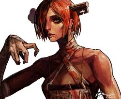  a.b.a bags_under_eyes bandages blood blood_on_bandages eyelashes female green_eyes guilty_gear guilty_gear_xx highres key_in_head object_through_head orange_hair portrait short_hair solo_focus subakeye 