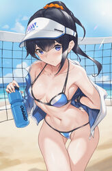  bare_shoulders beach bikini black_hair blue_bikini blue_eyes blue_sky blush bottle breasts cleavage collarbone commentary_request day female gridman_universe halterneck hat highres jacket long_hair long_sleeves looking_at_viewer medium_breasts navel off_shoulder open_clothes open_jacket outdoors parfaitlate partial_commentary ponytail sky solo ssss.gridman string_bikini swimsuit takarada_rikka thighs two-tone_bikini visor_cap volleyball_net water_bottle white_bikini white_hat 