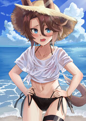  absurdres animal_ears beach bikini bikini_under_clothes blue_eyes blue_sky brown_hair cloud commentary_request day female flat_chest hair_between_eyes halterneck hat highres horizon horse_ears horse_girl horse_tail looking_at_viewer mismatched_bikini narita_taishin_(umamusume) nida_keita no_pants ocean outdoors see-through see-through_shirt shirt short_hair side-tie_bikini_bottom sky solo straw_hat string_bikini sun_hat swimsuit t-shirt tail tied_shirt umamusume 