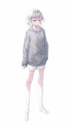  bangs closed_mouth collarbone drawstring eyebrows_visible_through_hair female full_body grey_hoodie hair_between_eyes highres hood hood_down hoodie long_sleeves looking_at_viewer original qlakwnd red_eyes shoes short_shorts shorts silver_hair simple_background sleeves_past_wrists sneakers socks solo standing white_background white_footwear white_legwear white_shorts 