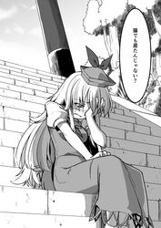  berusuke_(beru_no_su) crying crying_with_eyes_open female greyscale hand_on_own_face kamishirasawa_keine long_hair monochrome neckerchief outdoors sad sitting solo stairs stone_stairs tearing_up tears torii touhou translation_request tree 