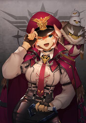  bird blue_eyes breasts choker commentary cowboy_shot female fingerless_gloves ganmo_(takane_lui) gloves hair_between_eyes hat head_wings highres hololive long_sleeves looking_at_viewer necktie one_eye_closed open_mouth owl owl_girl pink_hair ro_g_(oowack) short_hair solo takane_lui takane_lui_(1st_costume) teeth tongue tsukune_(takane_lui) tsumire_(takane_lui) virtual_youtuber wings 